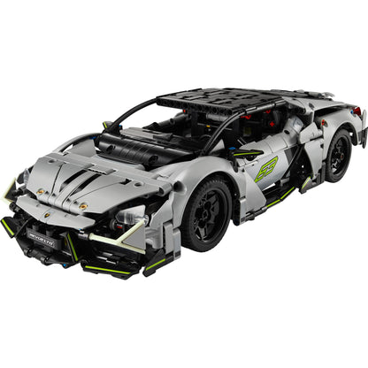 LEGO® Lamborghini Revuelto Super Sports Car in silver with black wheels, green accents; front left view.