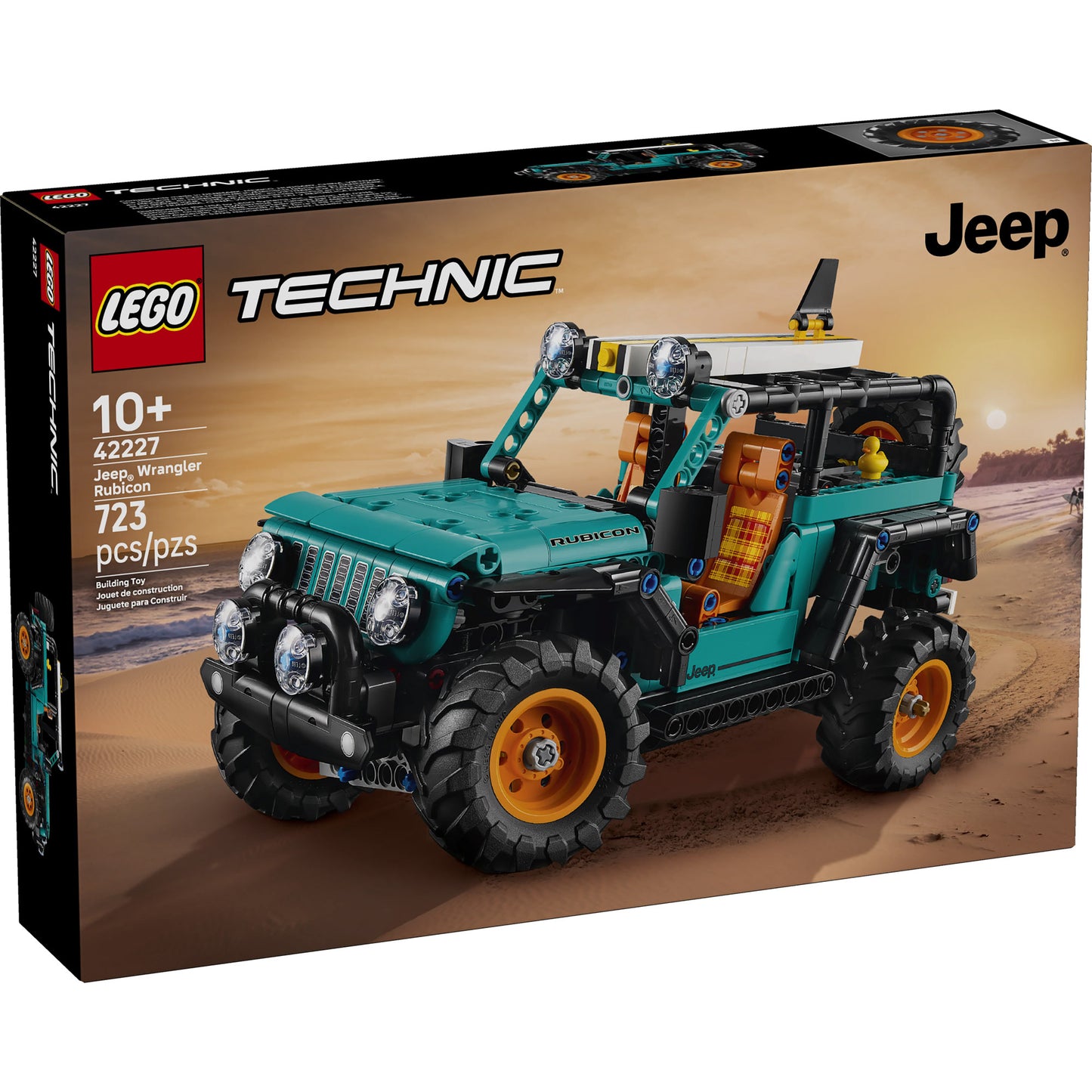 LEGO® Jeep® Wrangler Rubicon SUV, 723 pieces, for ages 10+, ONLINE ONLY, shown with desert backdrop.