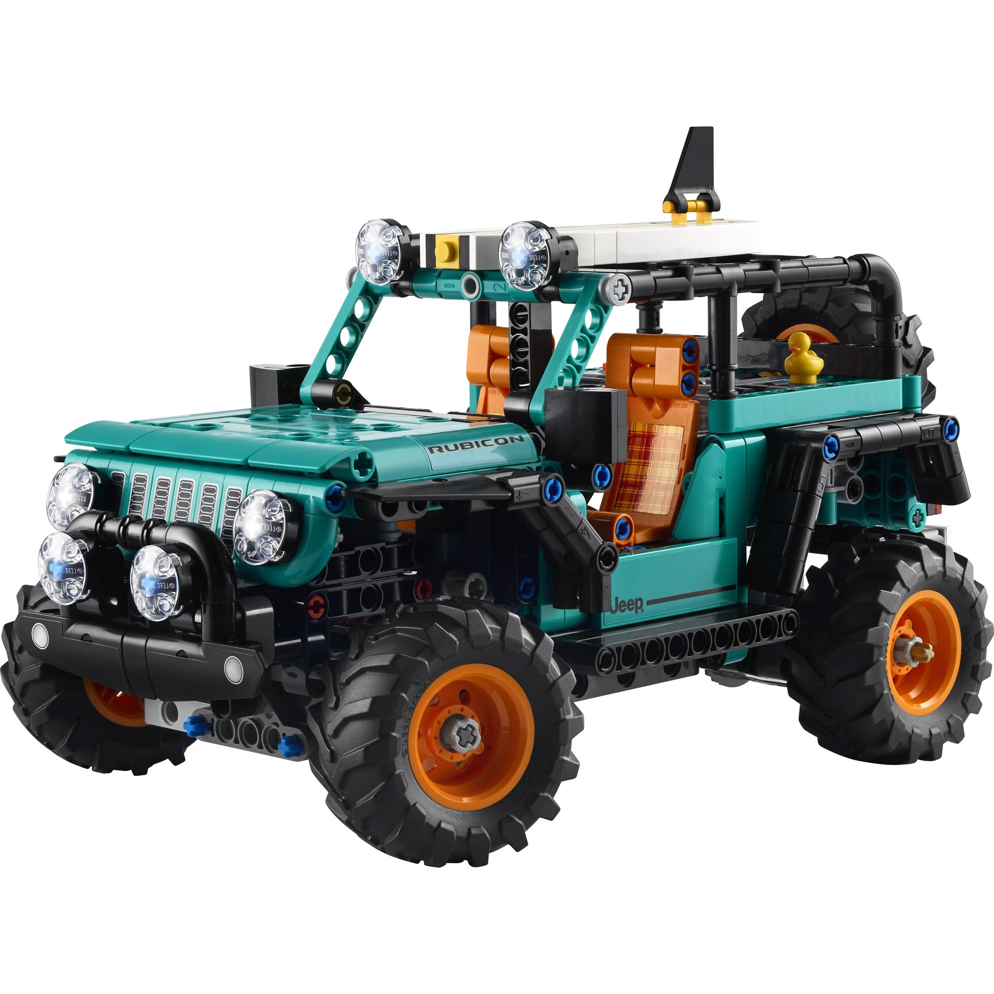 LEGO® Jeep® Wrangler Rubicon SUV model in teal and black with orange wheels and detailed interior.