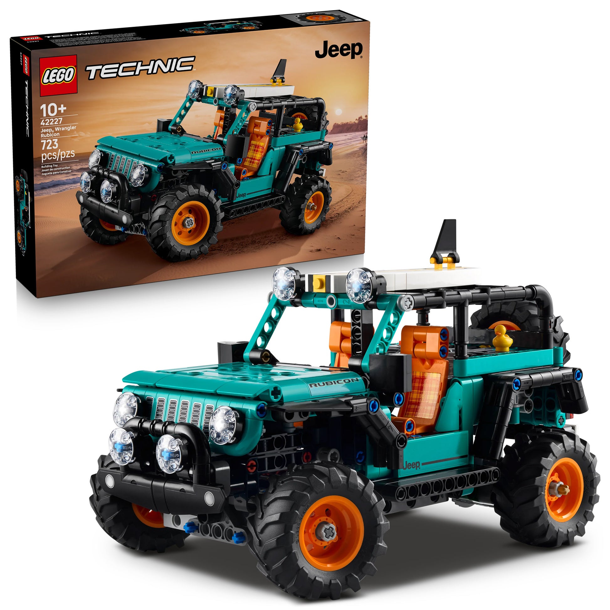LEGO® Jeep® Wrangler Rubicon SUV toy, for ages 10+, with green and orange details. ONLINE ONLY.