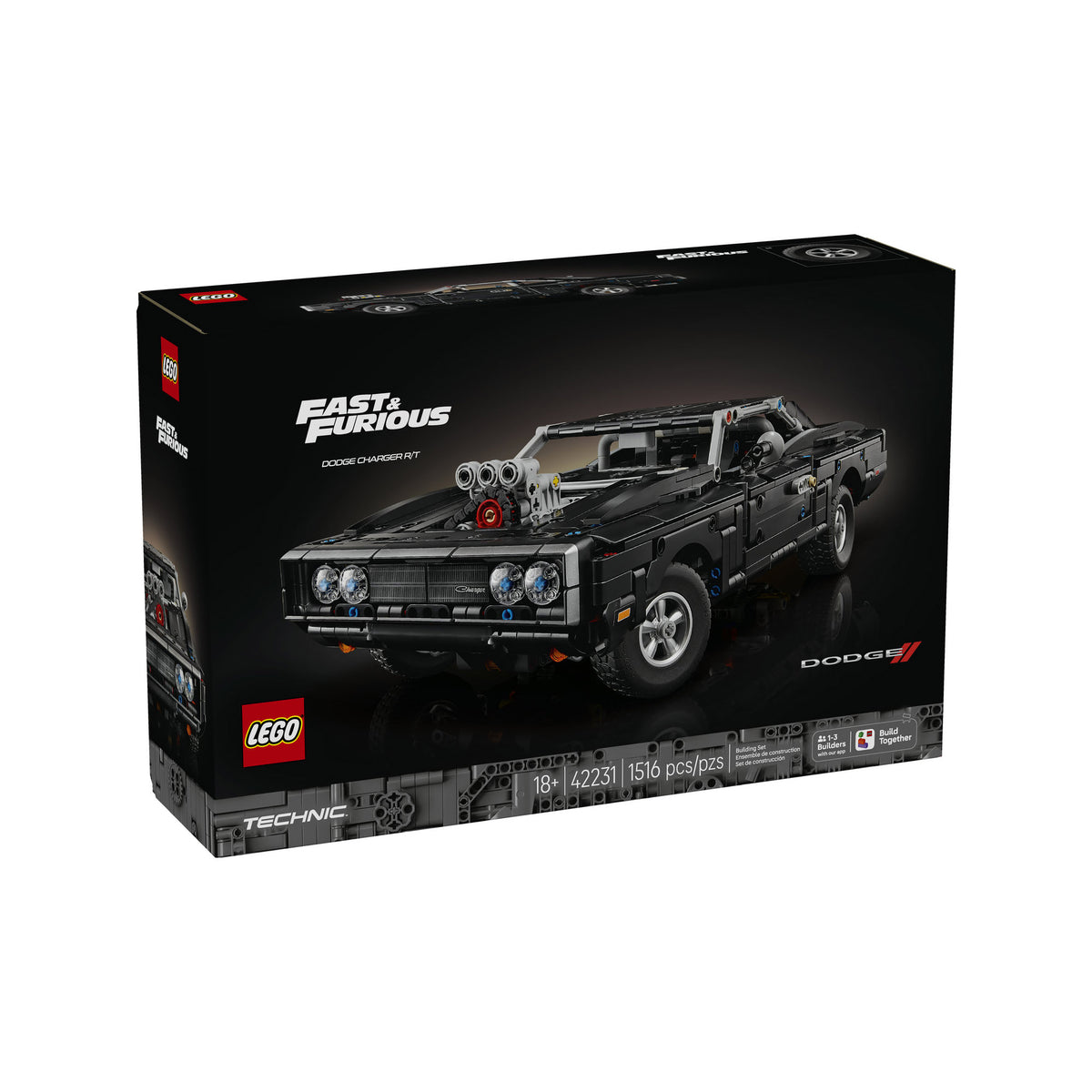 LEGO® Fast and Furious Dodge Charger R/T Car box shows a stylish black car on a dark background. ONLINE ONLY.
