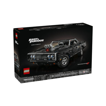 LEGO® Fast and Furious Dodge Charger R/T Car box shows a stylish black car on a dark background. ONLINE ONLY.