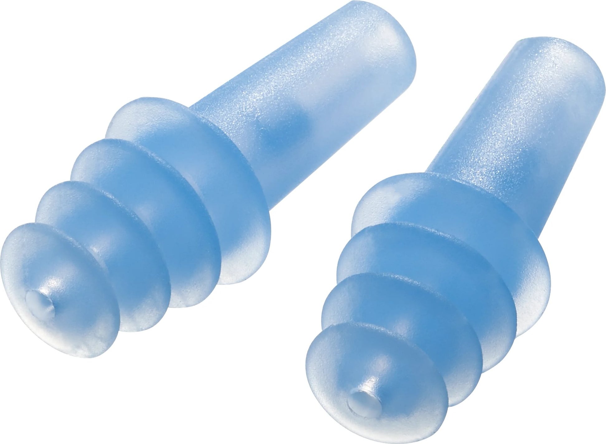 A pair of blue Go Travel Earplanes® earplugs with triple-flange design, shown on a white background.