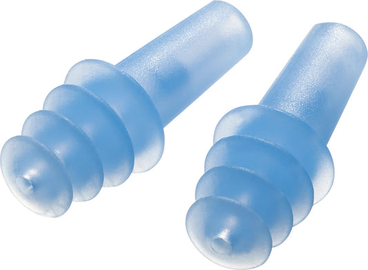 Product Image – A pair of blue Go Travel Earplanes® earplugs with triple-flange design, shown on a white background.