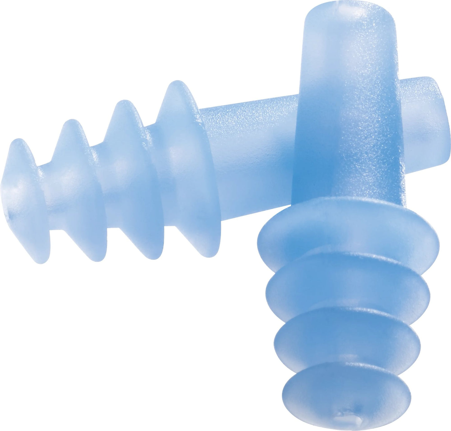 Two blue Go Travel Earplanes® provide ear protection and cabin pressure relief on a white background.