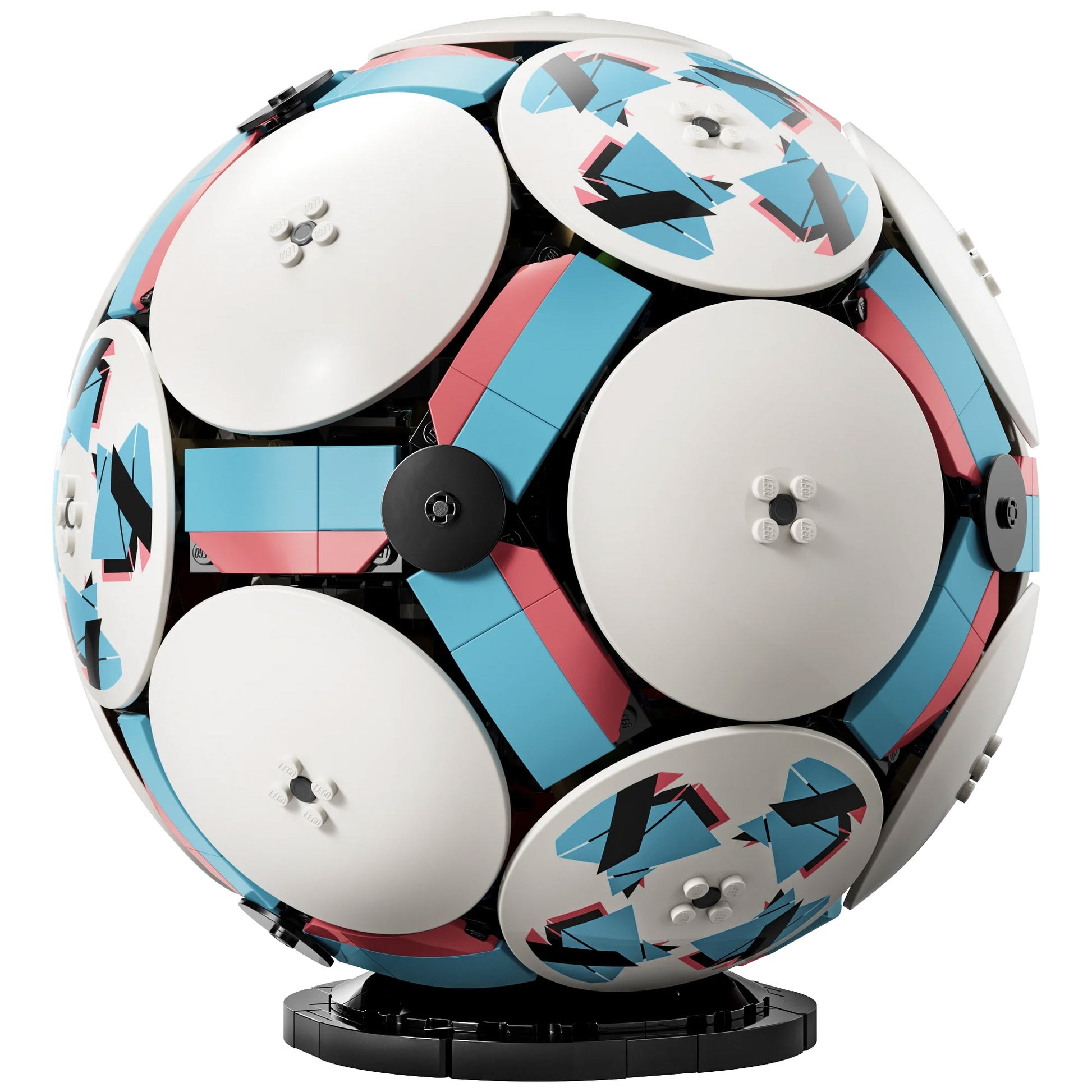 LEGO® Soccer Ball - ONLINE ONLY: White discs, blue & pink patterns, unique collectible on a black stand.
