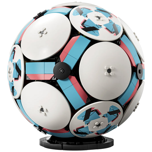 Product Image – LEGO® Soccer Ball - ONLINE ONLY: White discs, blue & pink patterns, unique collectible on a black stand.