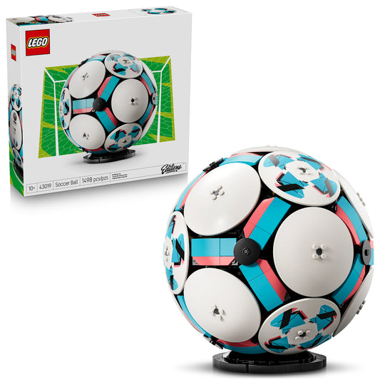 Product Image – LEGO® Soccer Ball - ONLINE ONLY: teal, pink & white panels, a fun LEGO collectible shown with its box.