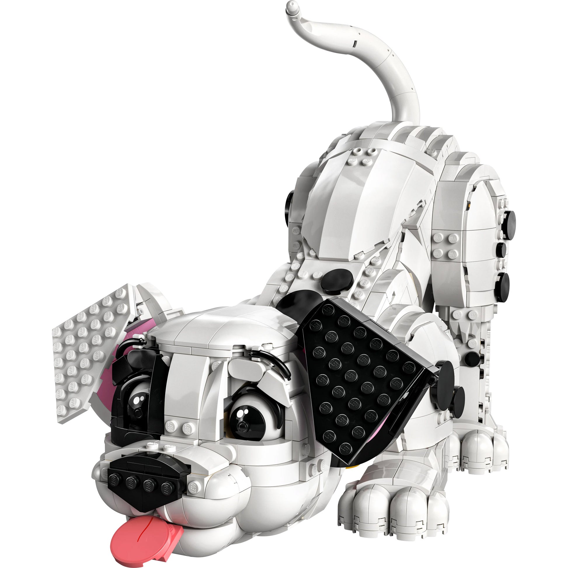Build a white and black dog with floppy ears with the LEGO® 101 Dalmatians Puppy set.