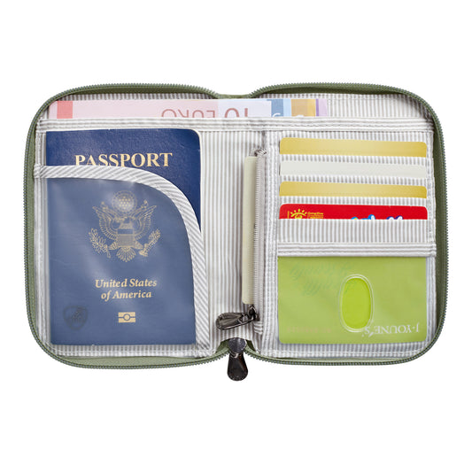Product Image – Travelon RFID Blocking Family Passport Wallet open, showing storage for passports, cards, docs & a zip pocket.