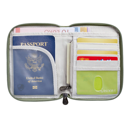 The Travelon RFID Blocking Zip Passport Wallet neatly holds your passport, cards, and papers in secure slots.