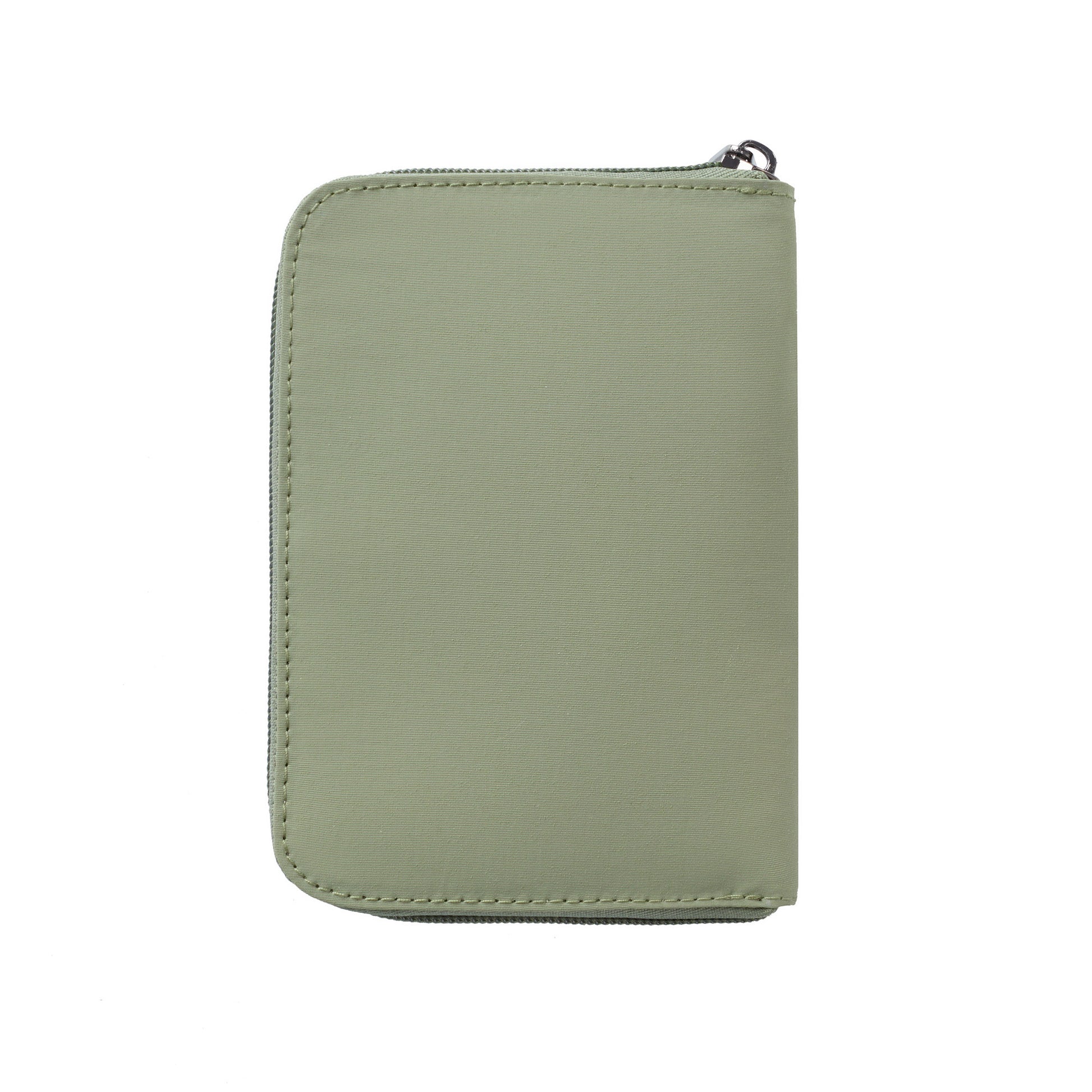 A closed Travelon RFID Blocking Family Passport Wallet in light green is shown on a plain white background.
