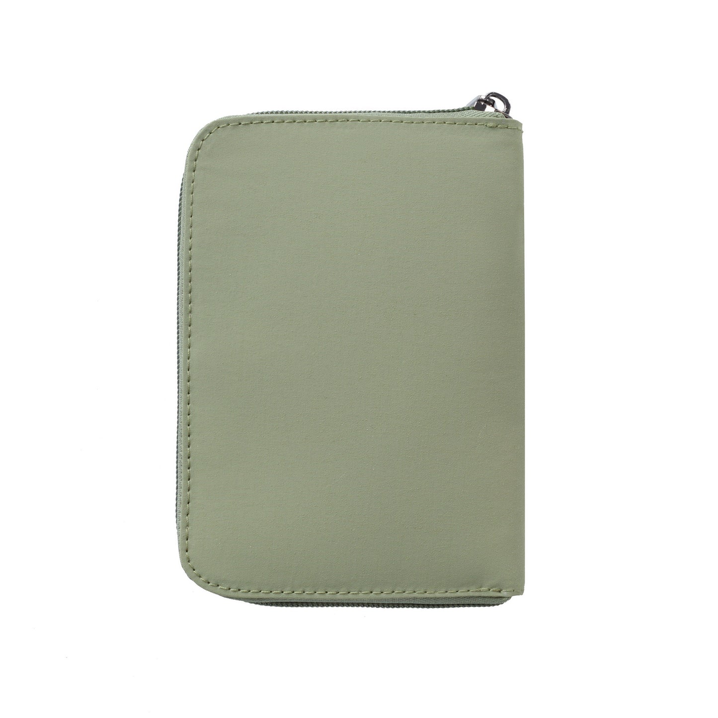 A closed, light green Travelon RFID Blocking Zip Passport Wallet is shown against a white background.