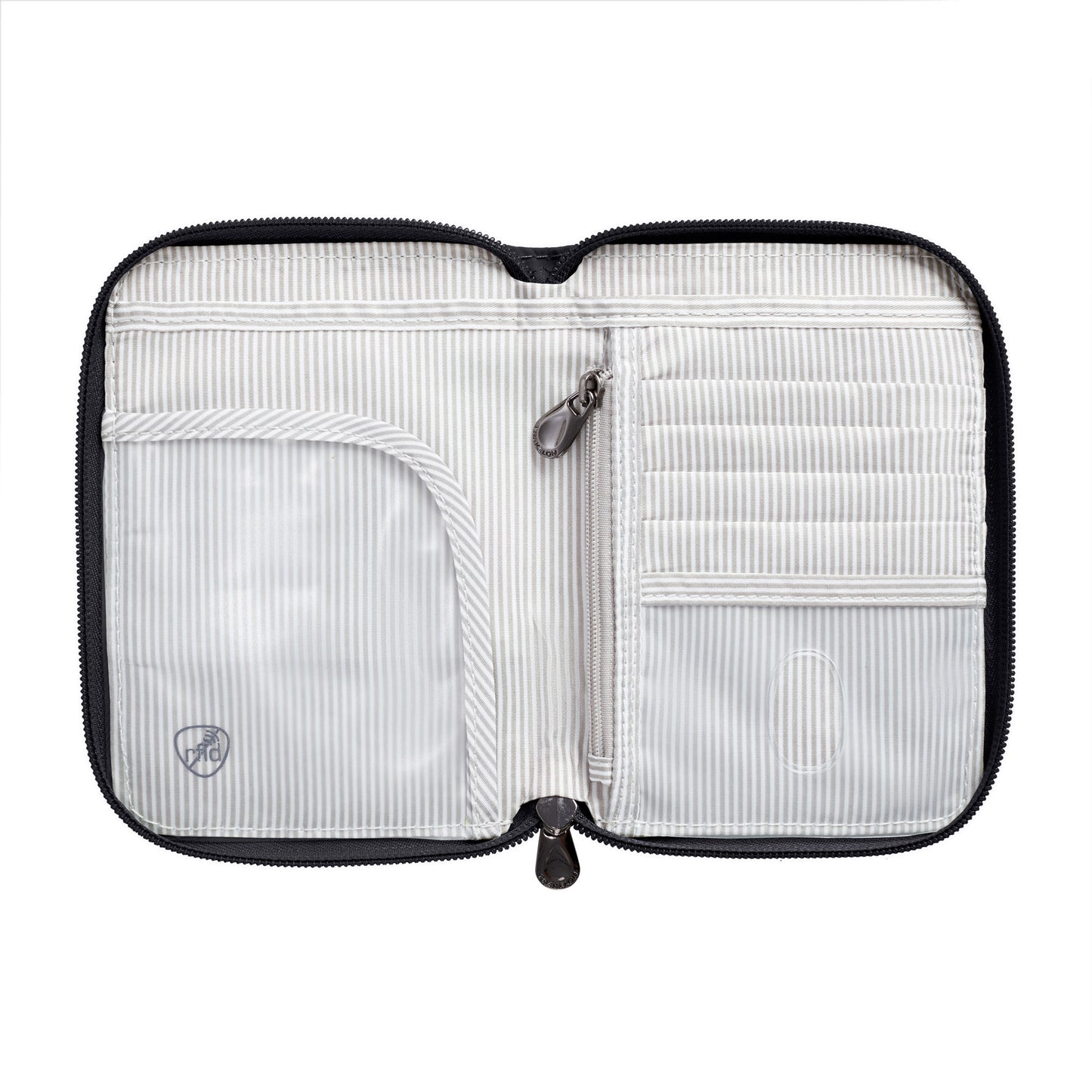 Travelon RFID Blocking Zip Passport Wallet features card slots, zip pocket & open compartment.