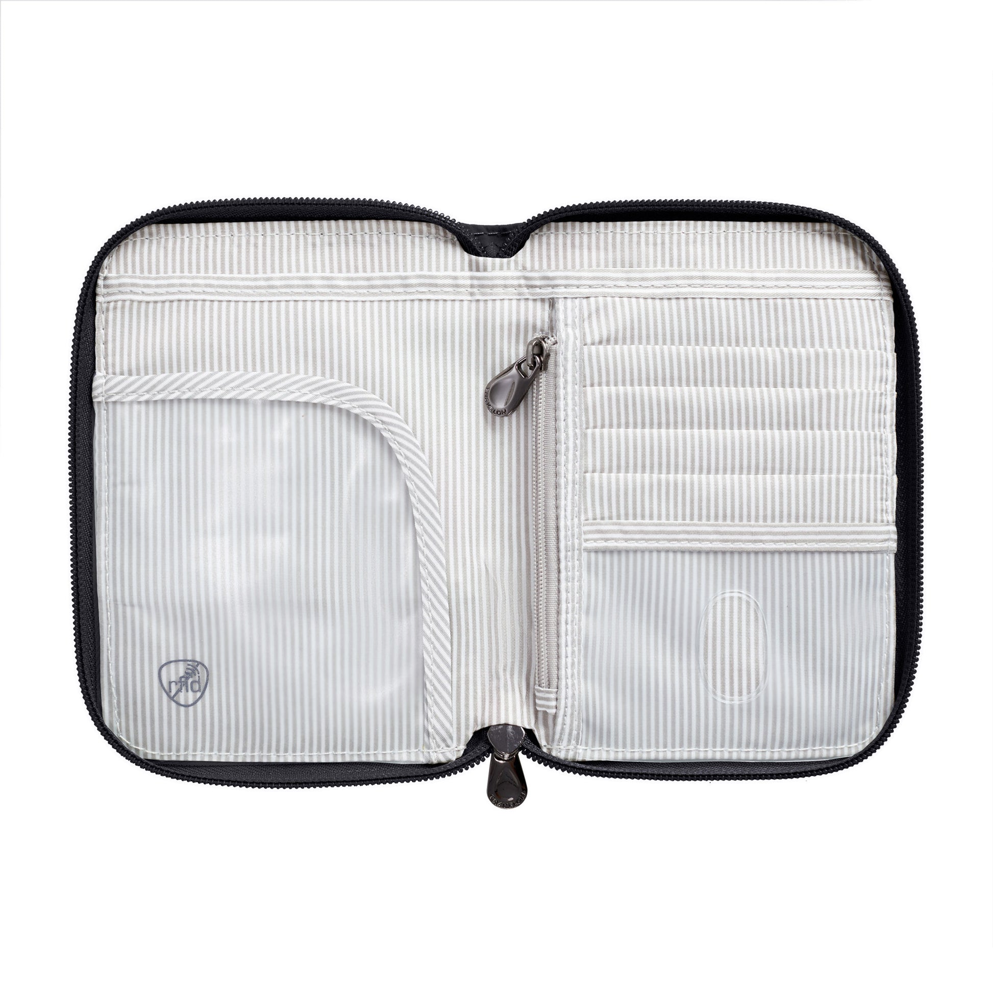 Travelon RFID Blocking Zip Passport Wallet features card slots, zip pocket & open compartment.