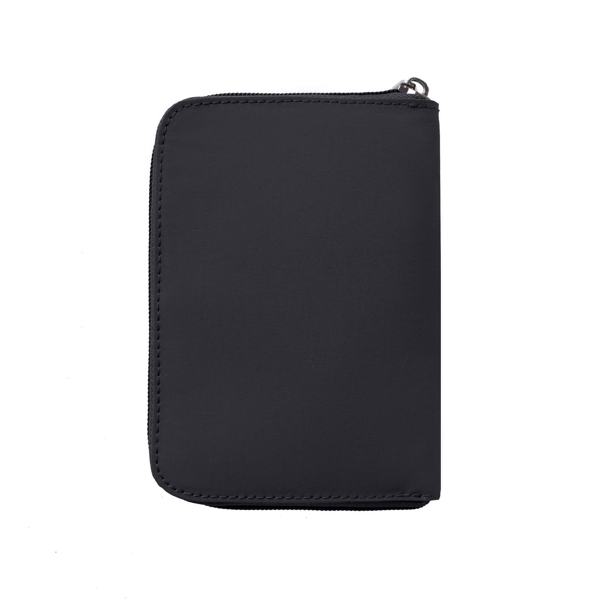 Travelon RFID Blocking Family Passport Wallet in black, shown closed on a white background.