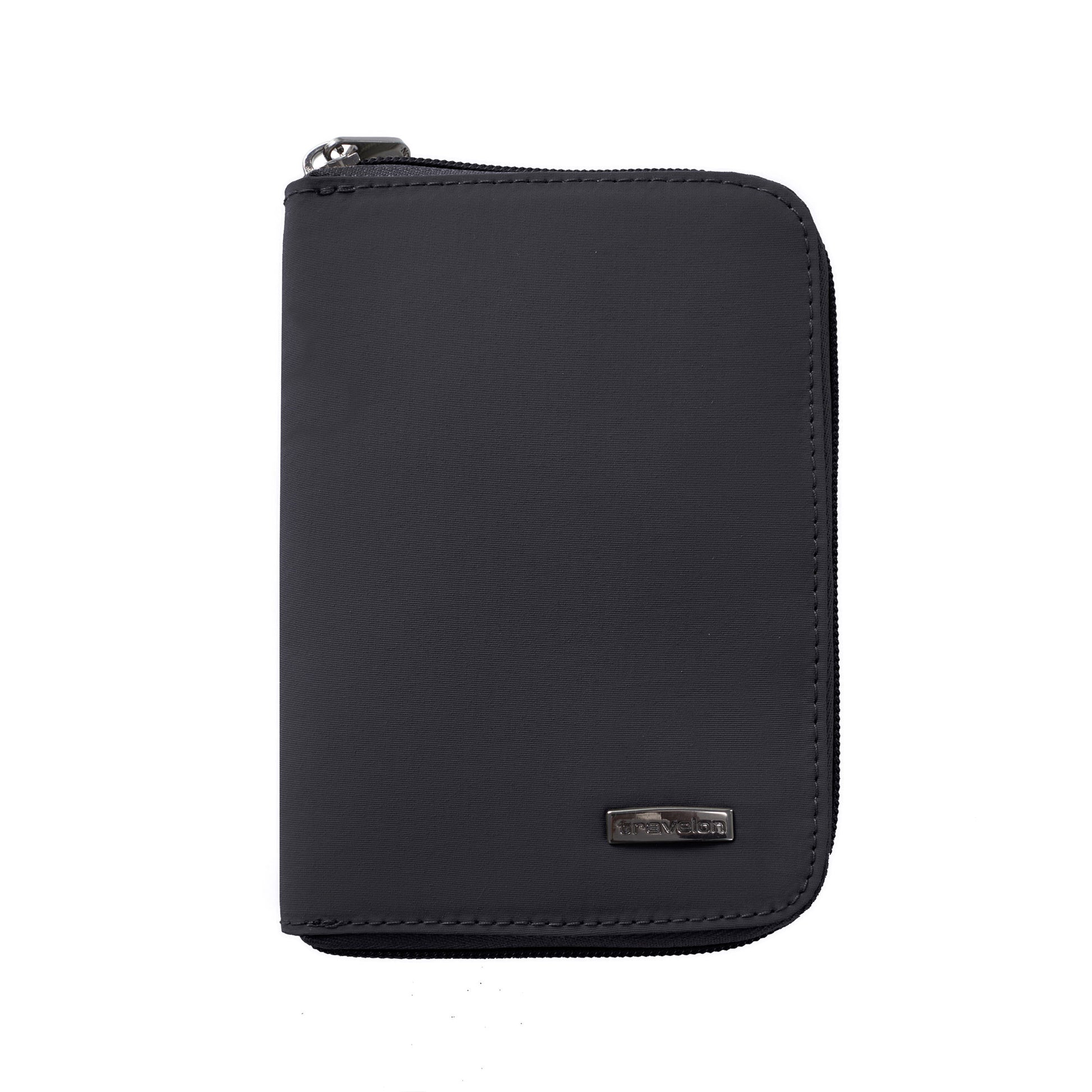 Travelon RFID Blocking Zip Passport Wallet features a metal logo and RFID protection, shown against white.