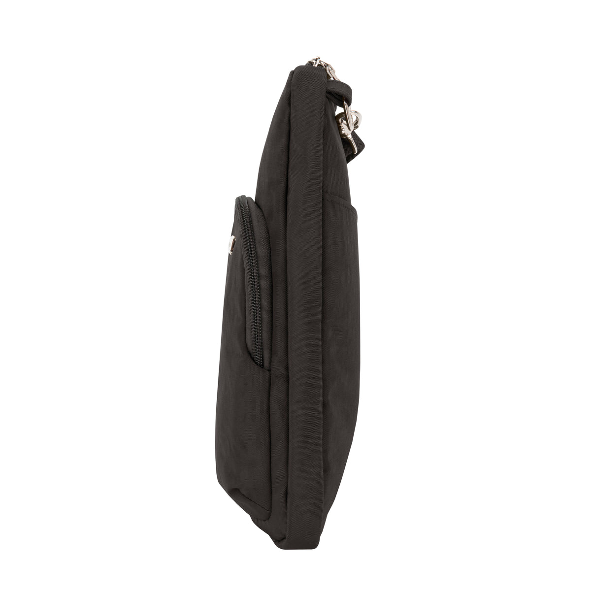 Side view of Travelon Anti-theft Essentials Mini Asymmetric Crossbody in black, featuring a small outer pocket.
