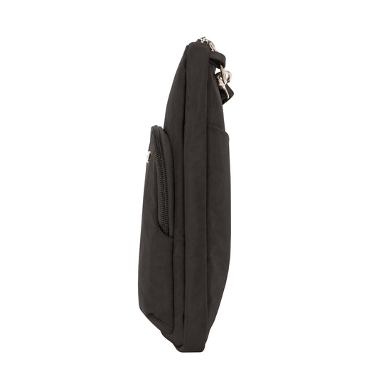 Product Image – Side view of Travelon Anti-theft Essentials Mini Asymmetric Crossbody in black, featuring a small outer pocket.