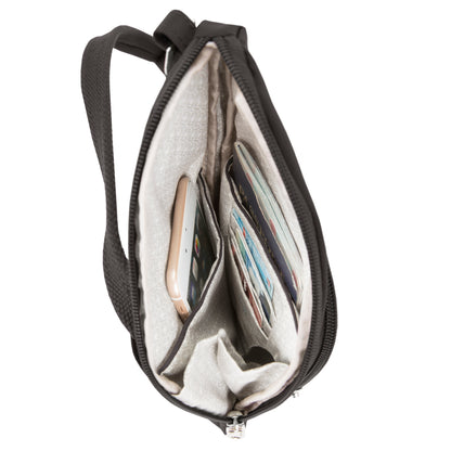 Travelon Anti-theft Essentials Mini Crossbody features RFID organizer for smartphone and cards.