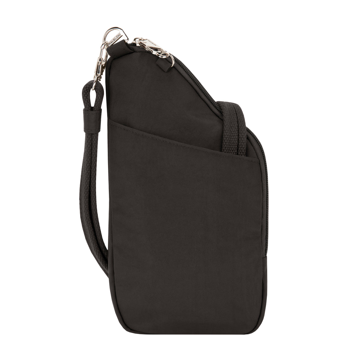Side view of Travelon Anti-theft Essentials Mini Asymmetric Crossbody with zipper and adjustable strap.