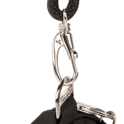 Close-up of a carabiner on the Travelon Anti-theft Essentials Mini Asymmetric Crossbody, attached to rope.