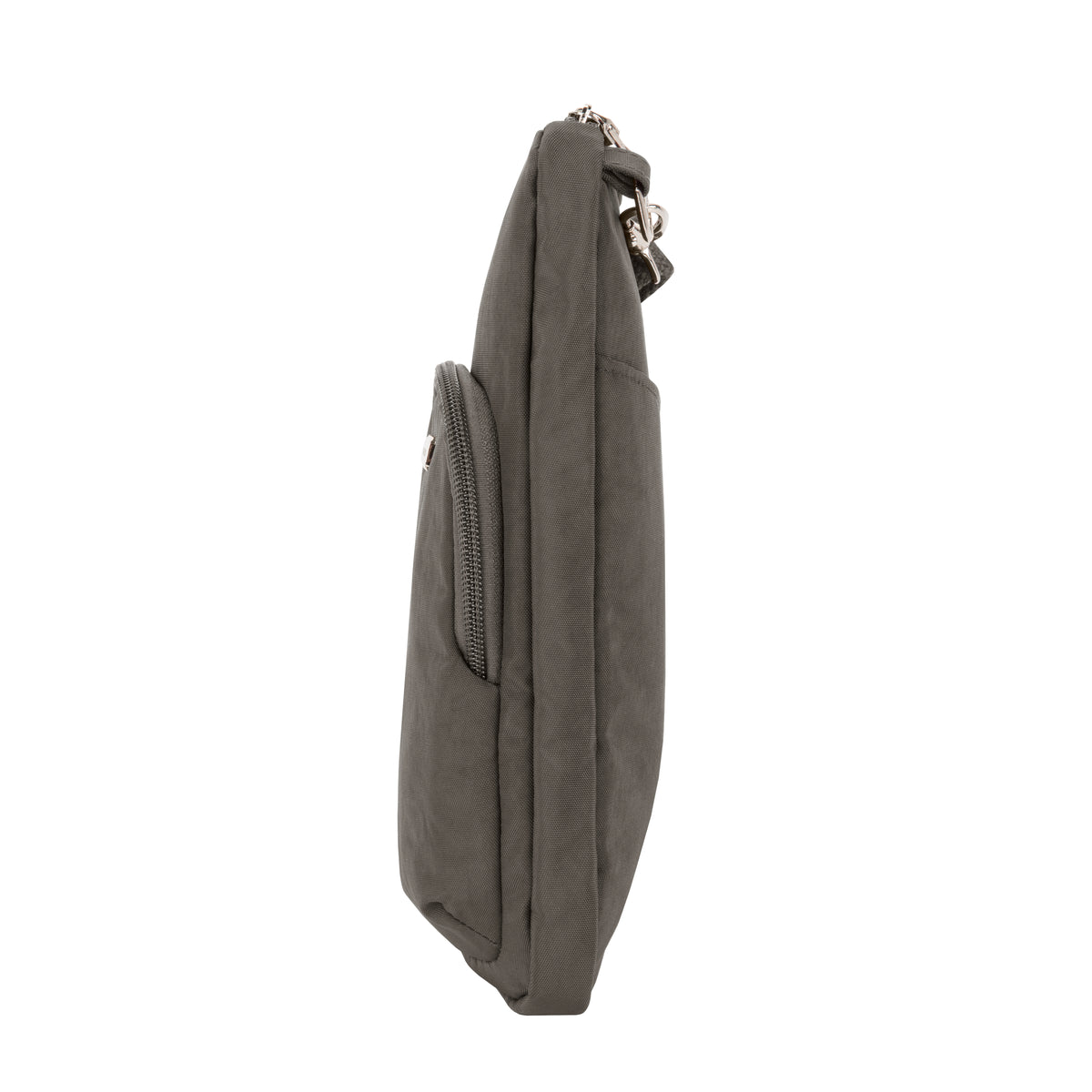 Side view of a slim, gray Travelon Anti-theft Essentials Mini Asymmetric Crossbody bag against a white background.