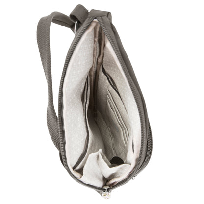 Travelon Anti-theft Essentials Mini Asymmetric Crossbody, gray, RFID blocking, beige-lined pockets, top view.