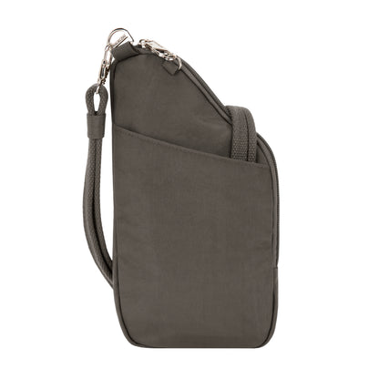 Side view of Travelon Anti-theft Essentials Mini Asymmetric Crossbody in gray with zipper and detachable strap.
