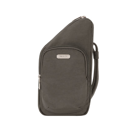 Travelon Anti-theft Essentials Mini Asymmetric Crossbody in dark gray with zipper pockets and adjustable strap.