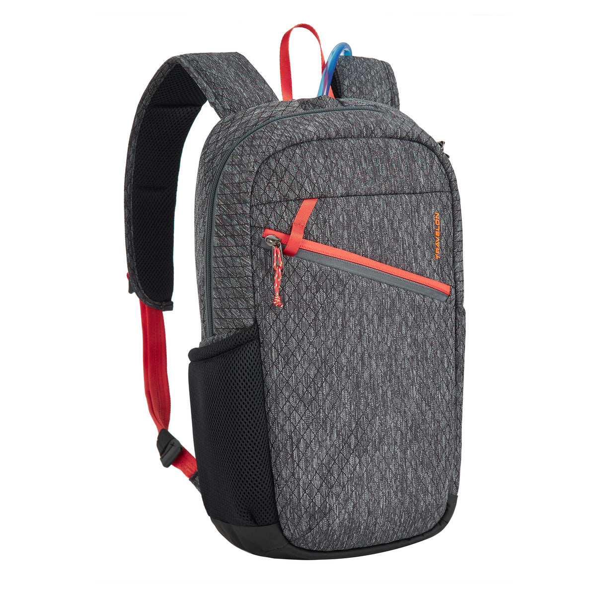 Travelon Anti-Theft Greenlander 9L Backpack, grey/red, RFID organizer, padded straps, front zip pocket.