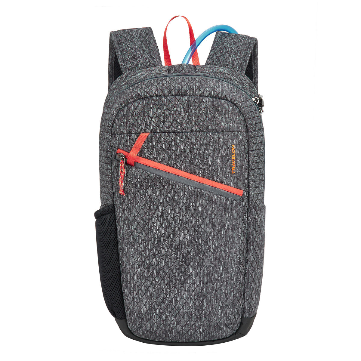 Travelon Anti-Theft Greenlander 9L Backpack, gray with diamond pattern, red zippers, side mesh, RFID organizer.