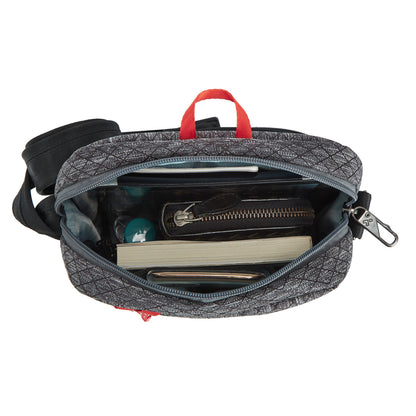 Travelon Anti-Theft Greenlander Small Crossbody, diamond ash grey, inside view with wallet, book and accessories inside