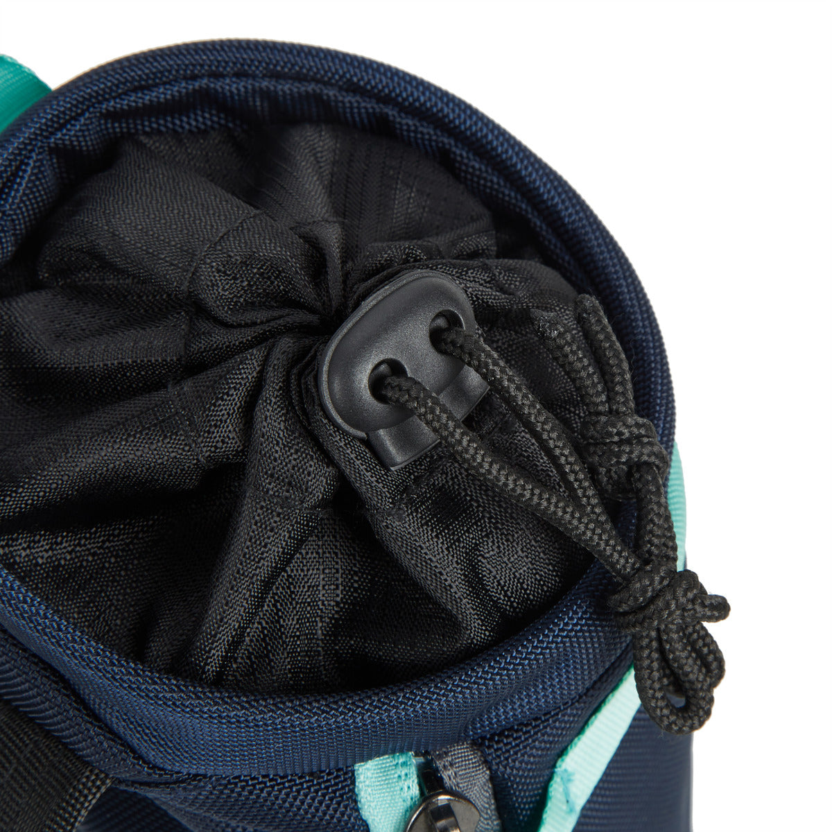 Close-up of a Travelon Anti-Theft Greenlander navy & teal water bottle bag with RFID blocking organizer.