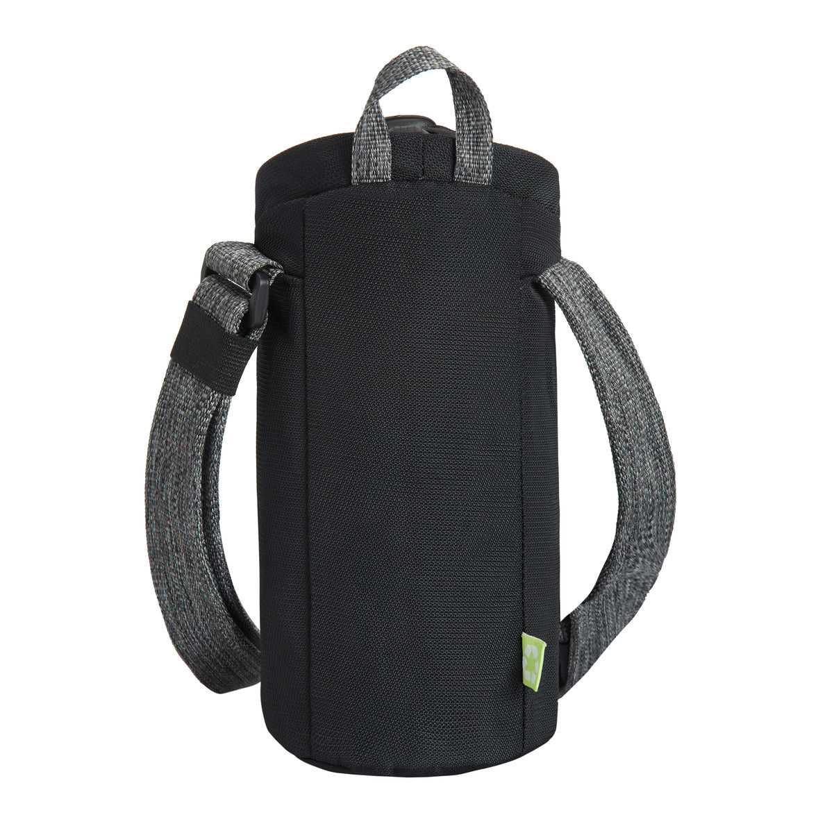 Travelon Anti-Theft Greenlander Insulated Bag, black with gray straps, green tag, made from recycled materials.