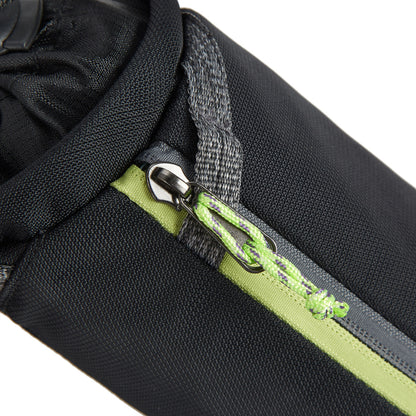 Travelon Anti-Theft Greenlander bottle bag, black with a green zipper pull and gray stitching.