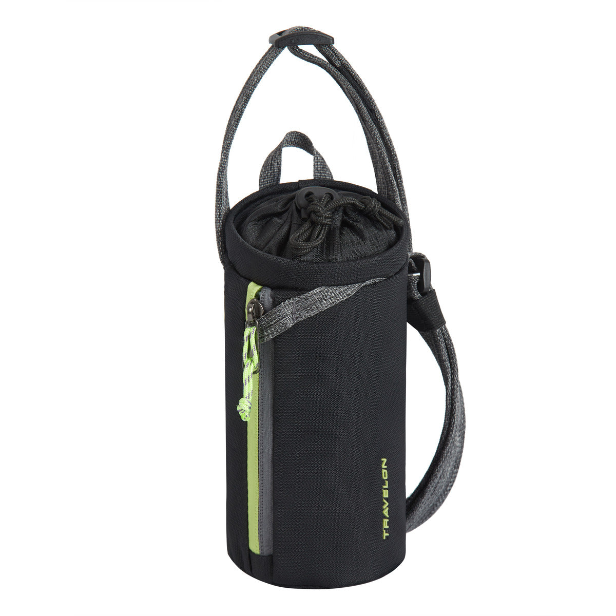 Travelon Anti-Theft Greenlander bottle bag made from recycled materials; black with green zipper, strap, and drawstring.