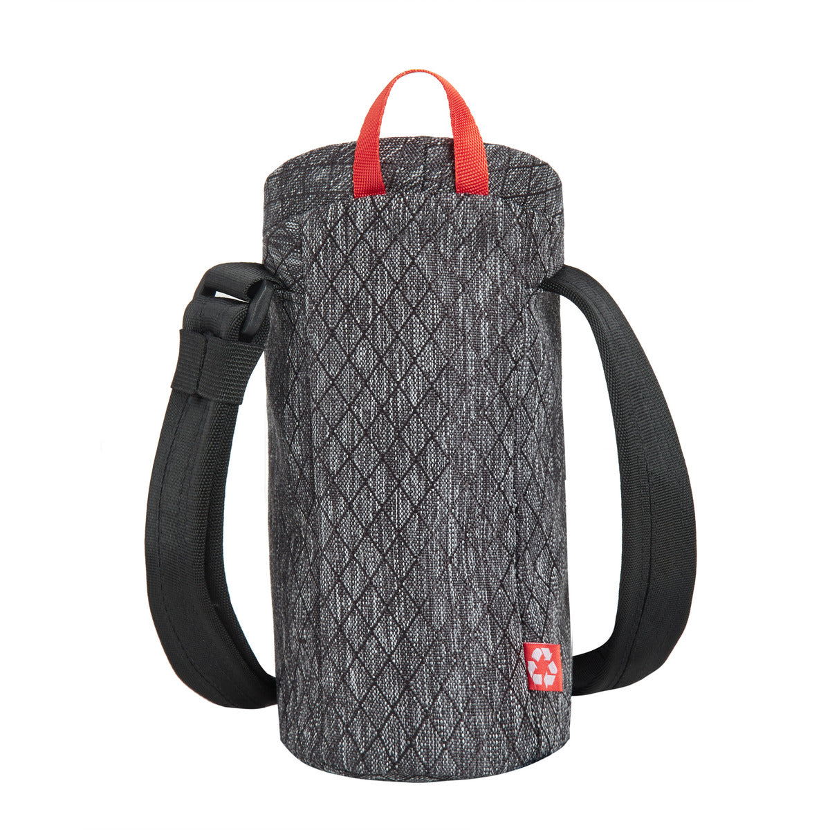 Travelon's gray Anti-Theft Greenlander Bottle Bag, made with recycled materials, has red/black straps and a diamond pattern.