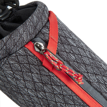 Travelon Anti-Theft Greenlander bag: gray with red zipper/multicolored pull cord made from recycled materials.