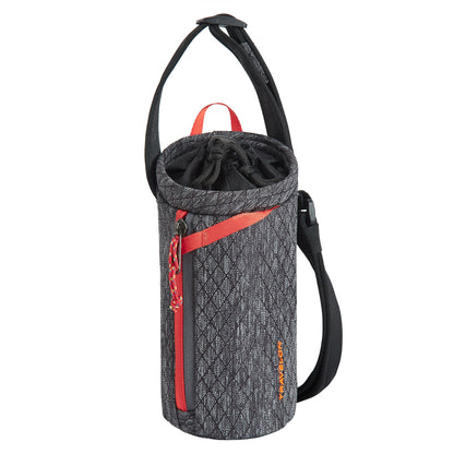 Gray/red water bottle bag by Travelon with strap, drawstring closure, and recycled material. Online only.