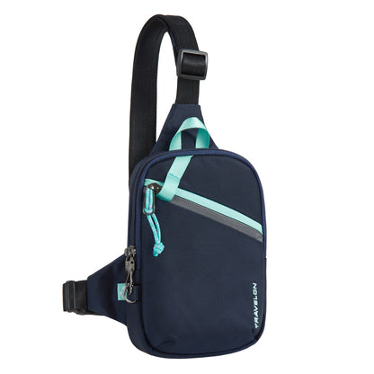 The Travelon Anti-Theft Greenlander Sling is navy blue with turquoise zippers and an adjustable black strap.