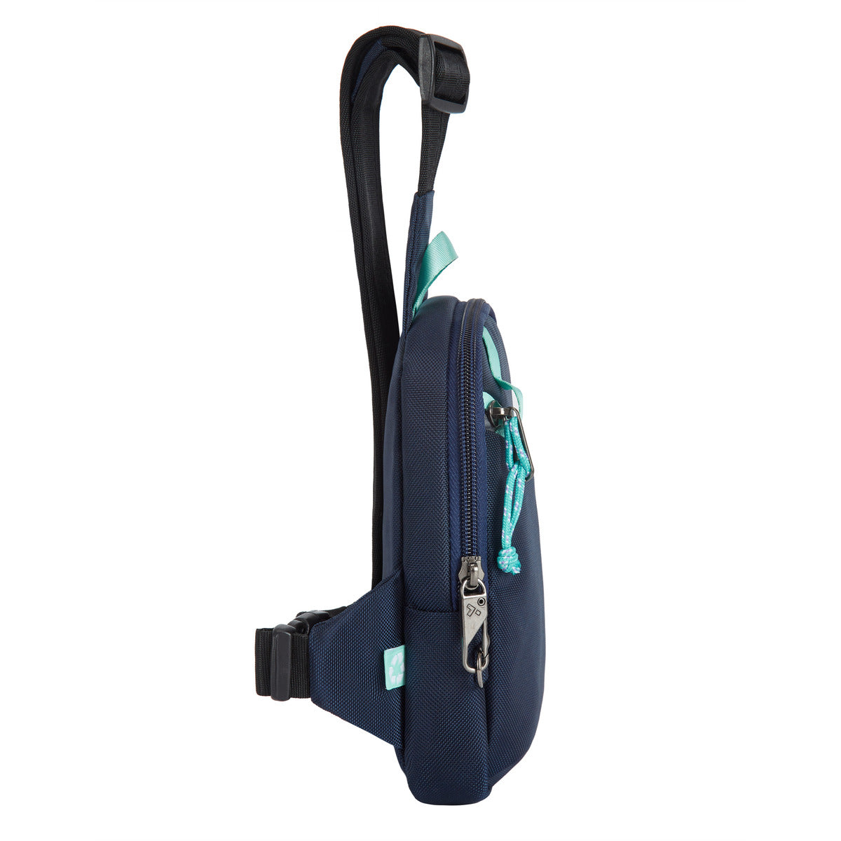 Side view of Travelon's Anti-Theft Greenlander Compact Sling in navy with a teal zipper and adjustable strap.