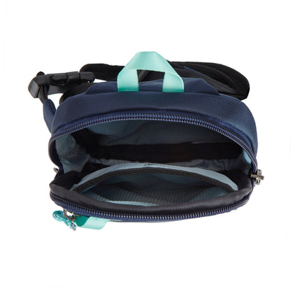 Top view of a Travelon Anti-Theft Greenlander Compact Sling in blue with turquoise handles, made from recycled materials.