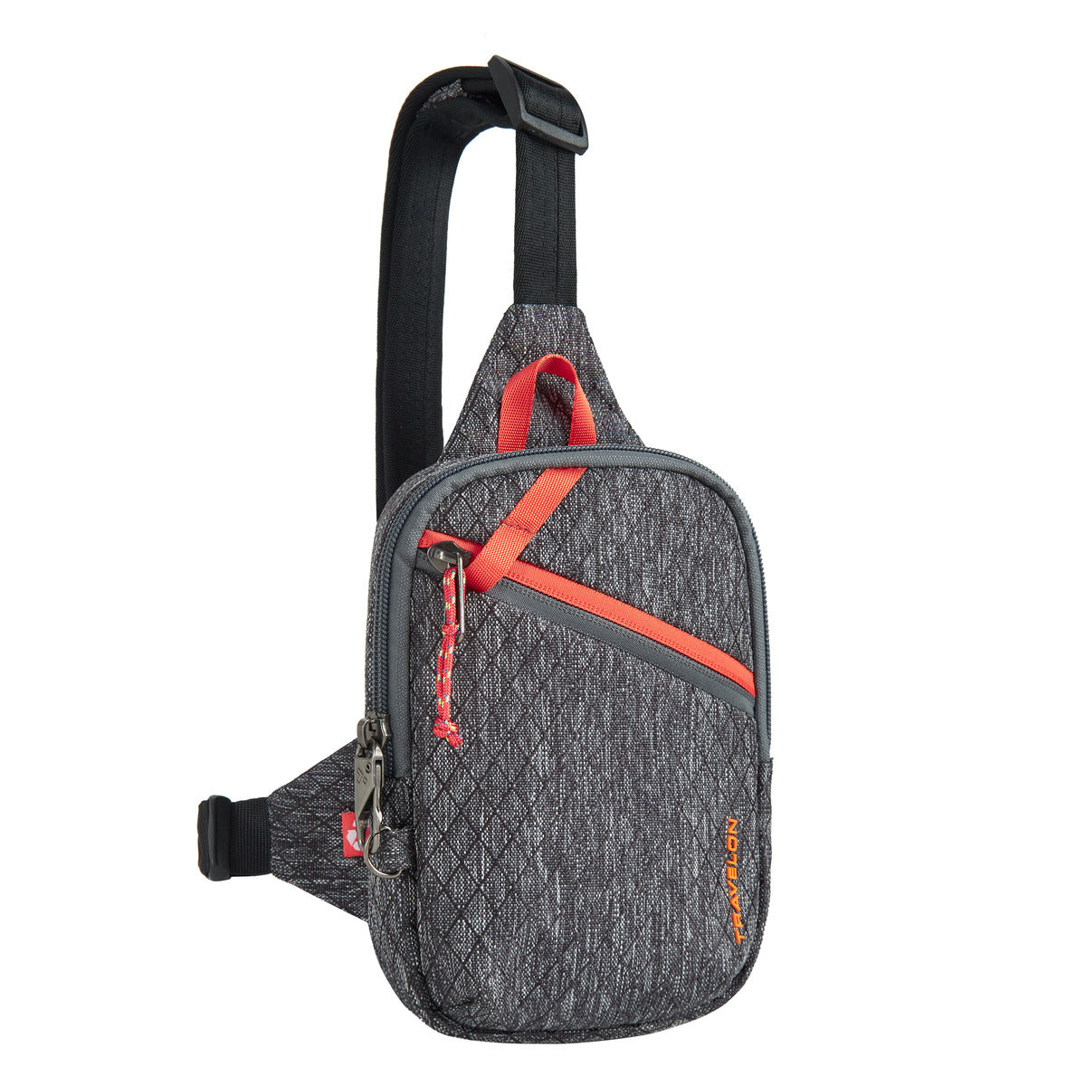 Travelon Anti-Theft Greenlander sling bag, gray/red with recycled materials, textured design & multiple zippers.