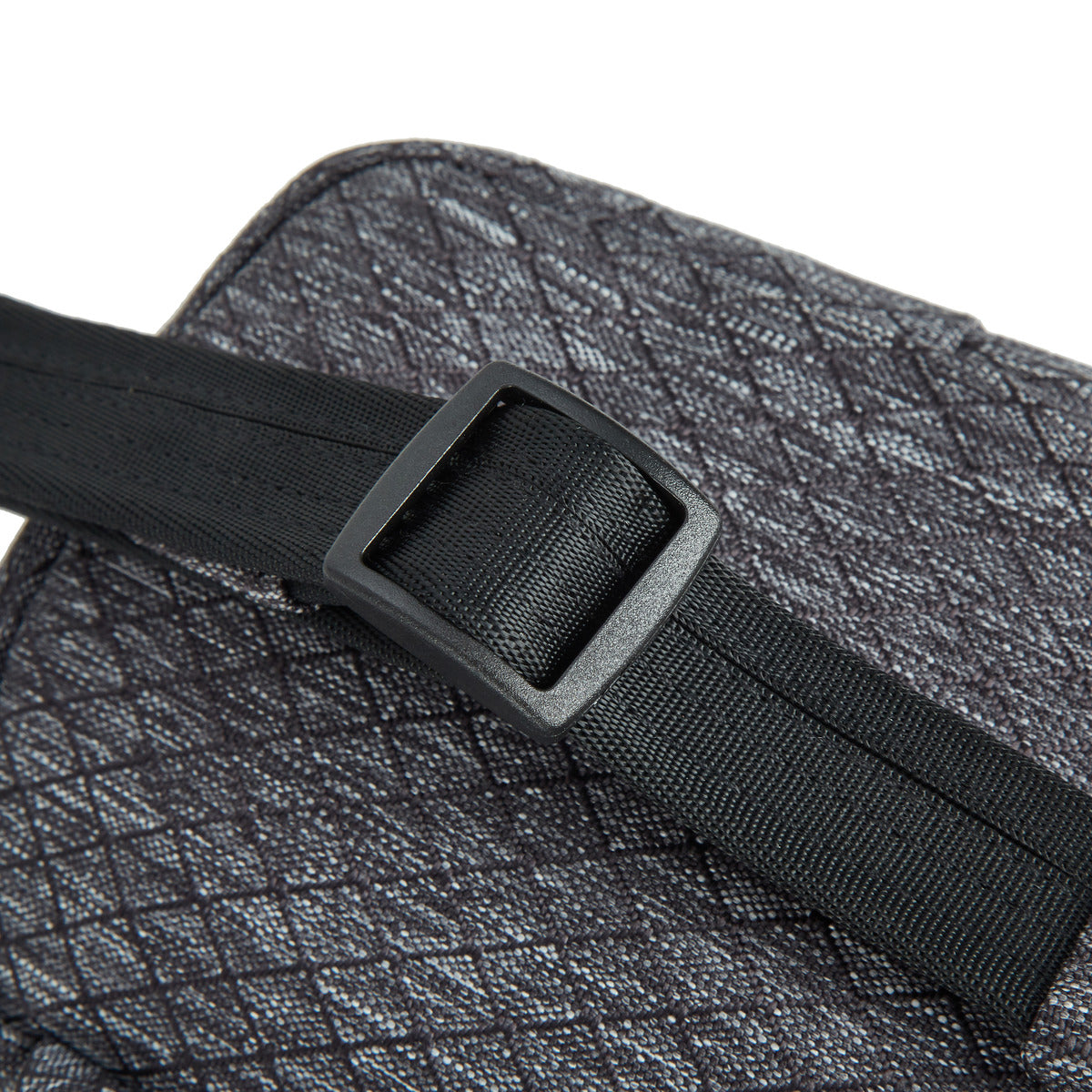 Travelon Anti-Theft Greenlander Compact Sling: black strap with plastic buckle on gray recycled fabric.