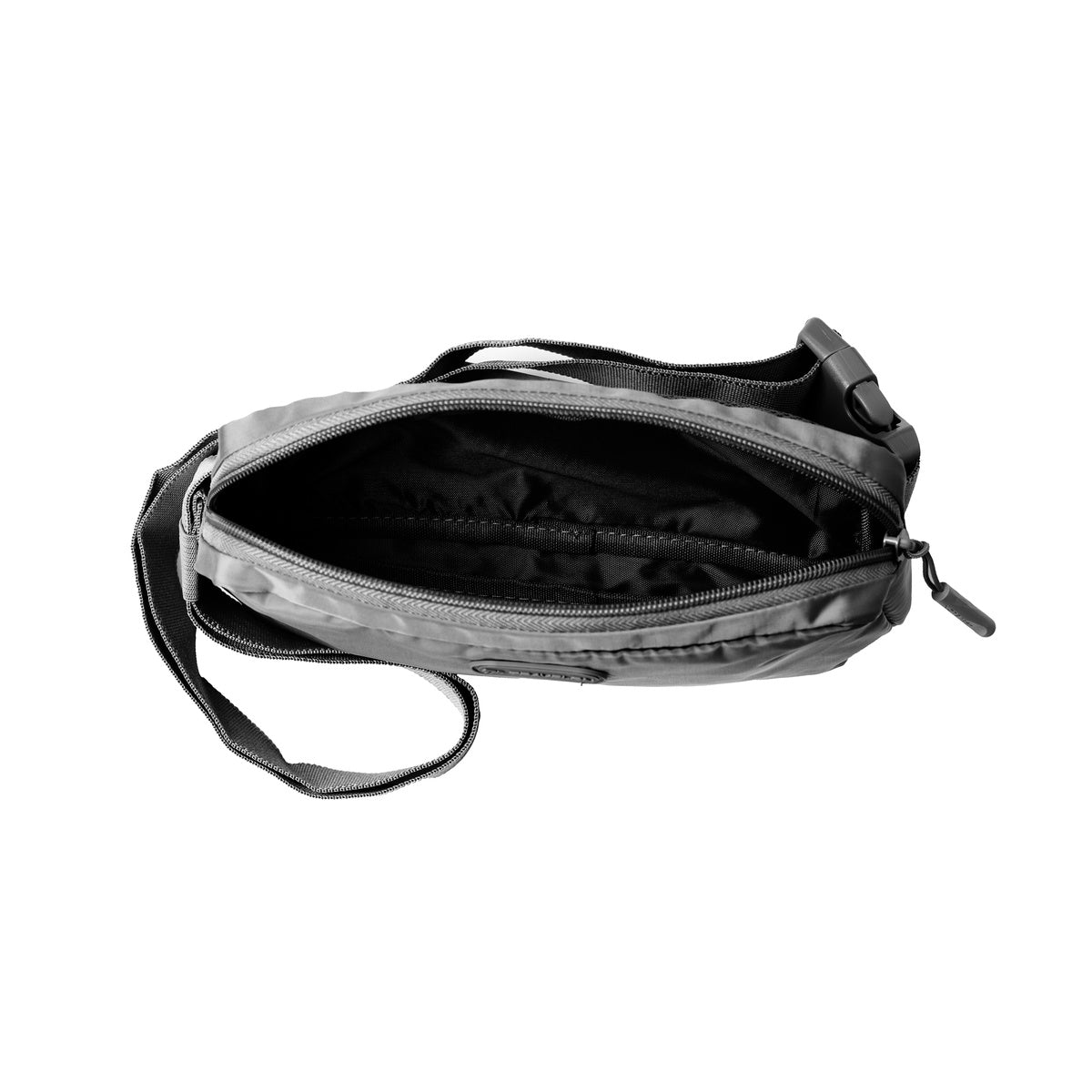 Travelon Pi Everyway Phone Sling/Belt Bag, black, top view unzipped