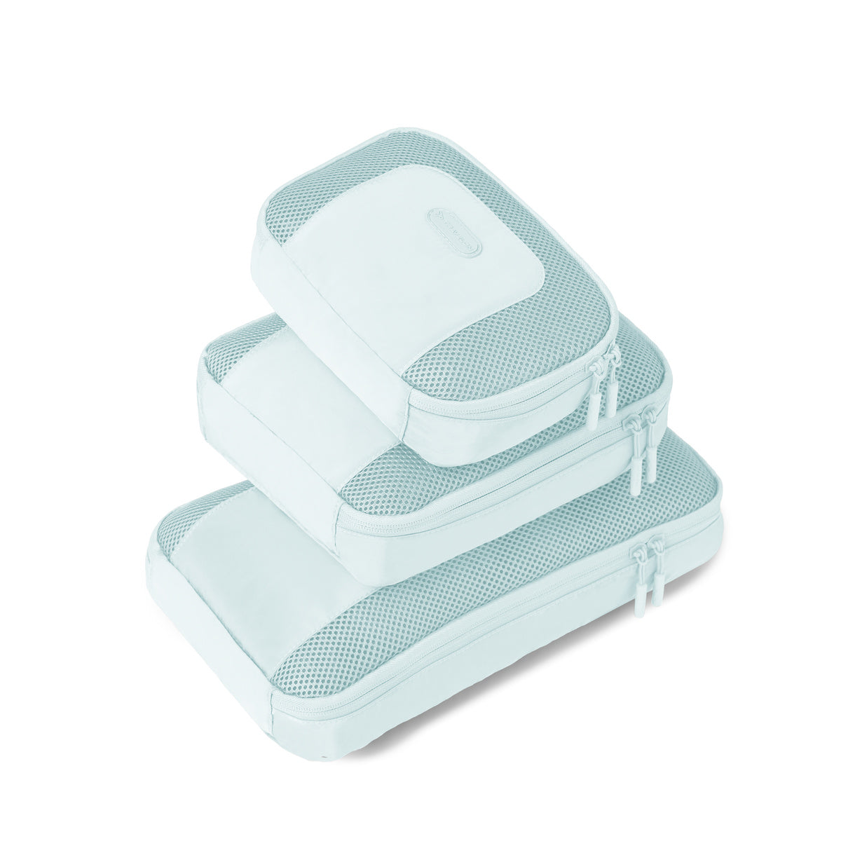 Travelon Pi Never Lost Set of 3 Packing Cubes, small, medium and large stacked in ice mint colour