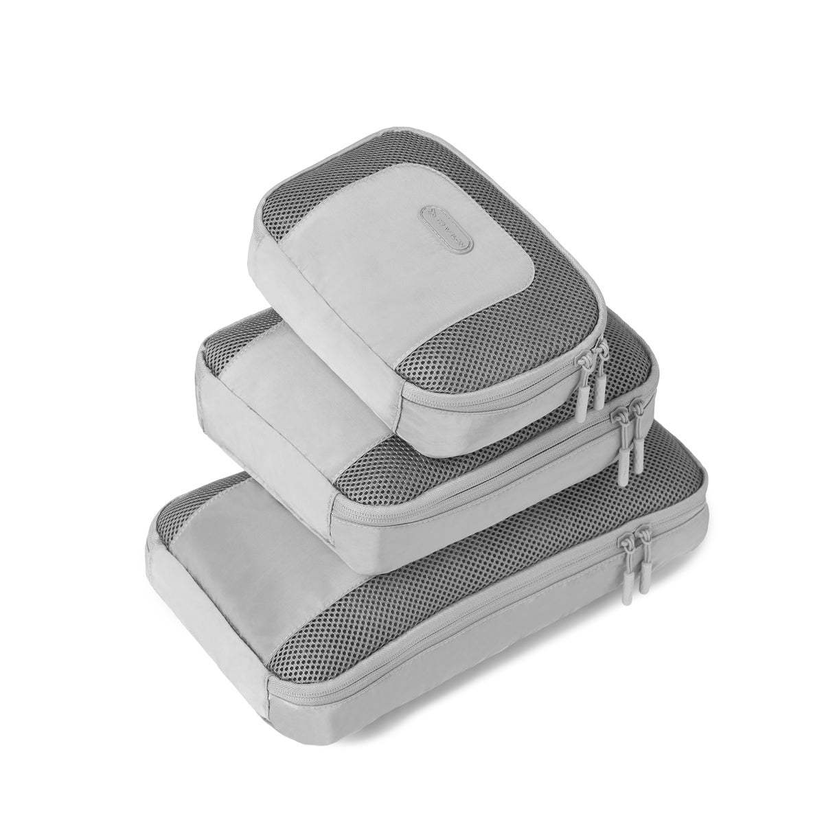 Travelon Pi Never Lost Set of 3 Packing Cubes, small, medium and large stacked in graphite grey colour