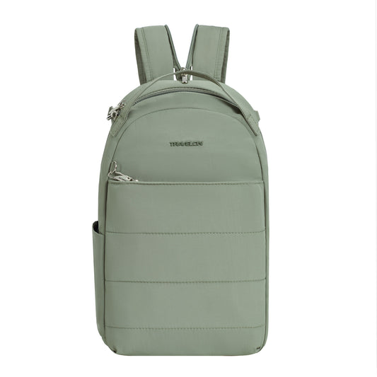 Product Image – Viewed from the front, the Travelon Roam Anti-theft Backpack has padded straps, a front zip pocket, and side bottle holder.