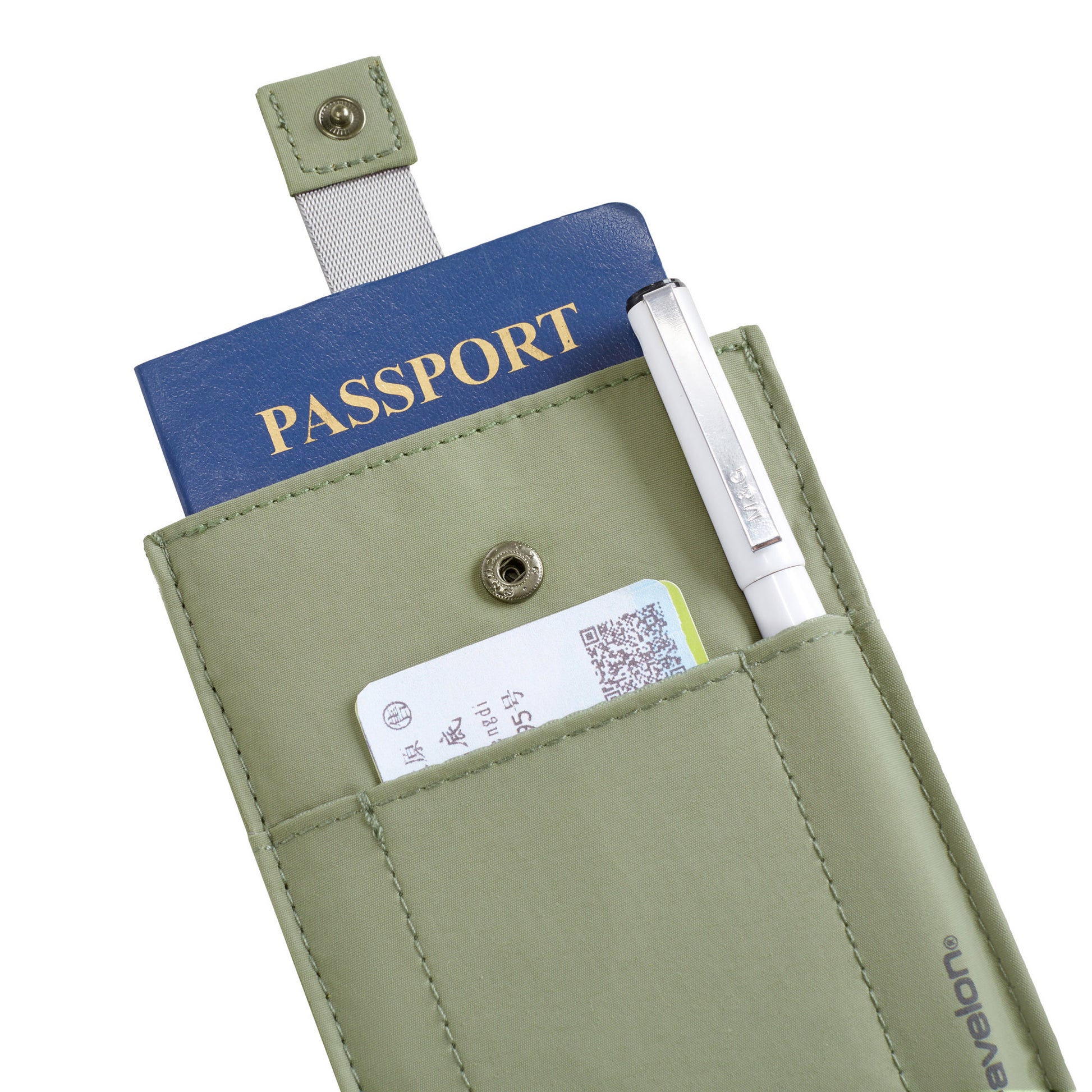 Travelon RFID Blocking Pull-Up Passport Holder stores a passport, pen, and QR code card in its front pocket.
